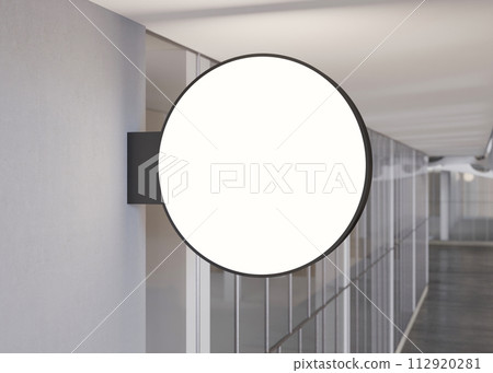 Blank round signboard mock up, on facade. Copy space for store sign, logo, advertising. Modern empty outdoor signage, mockup to add company logo. Shop Signboard. Illuminated lightbox on the wall. 3D. 112920281