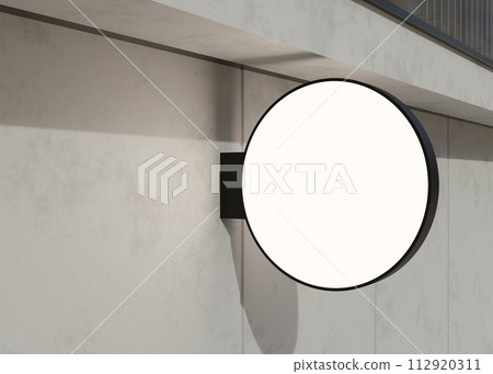 Blank round signboard mock up, on facade. Copy space for store sign, logo, advertising. Modern empty outdoor signage, mockup to add company logo. Shop Signboard. Illuminated lightbox on the wall. 3D. 112920311