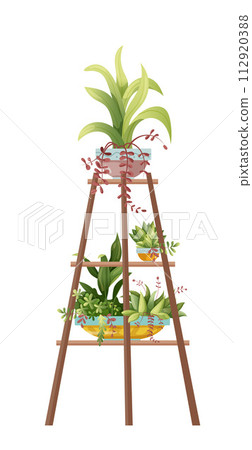 Houseplant and macrame plant growing in pots. Set plants and flower rack isolated on white background. Cartoon flat illustration. Houseplant and macrame plant growing in pots. Set plants and flower rack isolated on white background. Cartoon flat illustration. 112920388