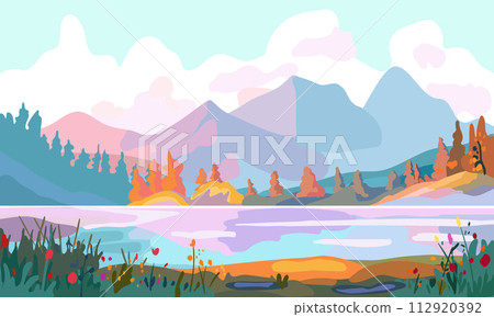 Landscape with a mountain lake. River bank at sunset. Camping site. Banner and tourism advertising. Postcards and invitations to the spring season resort. Vector illustration 112920392