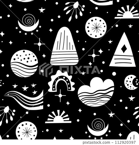Seamless neo folk art vector pattern with mountains, moon and flowers, black and white floral design. Neo folk style endless background perfect for textile design. Seamless neo folk art vector pattern with mountains, moon and flowers, black and white floral design. Neo folk style endless background perfect for textile design. 112920397