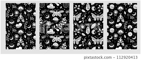 Seamless neo folk pattern with butterfly, moth and flowers, black and white floral design. Set Neo folk style endless backgrounds perfect for textile design. 112920413