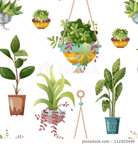 Seamless pattern. Houseplant and macrame plant growing in pots. Set of handmade home decorations macrame plants isolated on white background. Cartoon flat illustration. Seamless pattern. Houseplant and macrame plant growing in pots. Set of handmade home decorations macrame plants isolated on white background. Cartoon flat illustration. 112920440