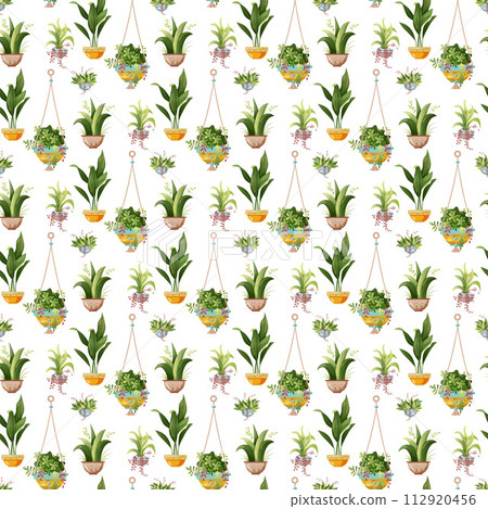 Seamless pattern. Houseplant and macrame plant growing in pots. Set of handmade home decorations macrame plants isolated on white background. Cartoon flat illustration. Seamless pattern. Houseplant and macrame plant growing in pots. Set of handmade home decorations macrame plants isolated on white background. Cartoon flat illustration. 112920456