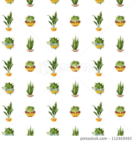 Seamless pattern. Houseplant plant growing in pots. Set of handmade home plants isolated on white background. Cartoon flat illustration. 112920483