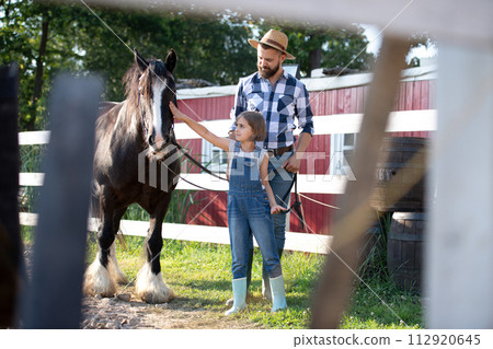 Father and young daughter taking care of a horse on a farm, leading it to the paddock. Concept of multigenerational farming. 112920645