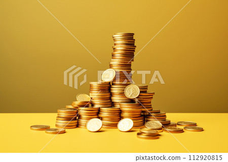 Stack of coins on a vibrant yellow background, representing wealth and finance. Pile of money coins against a bright yellow backdrop, perfect for investment concepts. Finance and investment 112920815