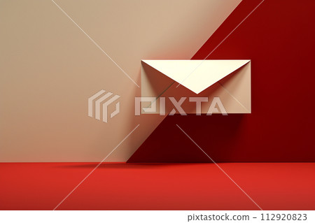Modern envelope on red background. Communication message concept. Trendy modern envelope against a red backdrop, illustrating the idea of sending messages 112920823