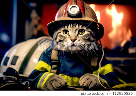 Funny cat is fireman. Successful firefighter wearing helmet at work. cat dressed as a firefighter, complete with a helmet and uniform, ready for action. bravery, heroism, and determination 112920826