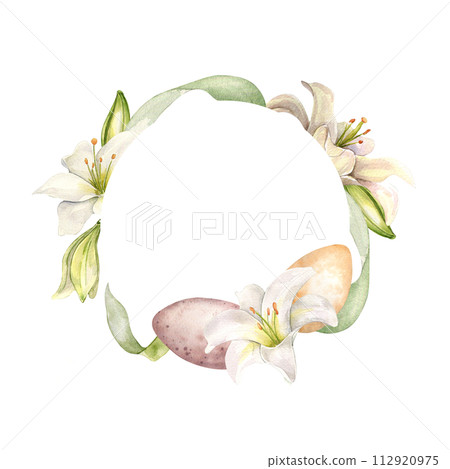 Easter wreath in pastel colors with eggs and white flowers. Lily and bud watercolor illustration isolated on white. Lilium botanical art hand drawn. Design for Christianity holiday, Easter invitation 112920975