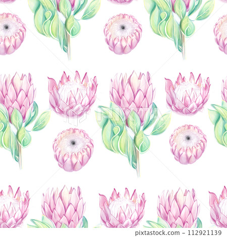 Seamless tropical pattern with pink protea flowers. Watercolor drawing. Ideal for textiles, packaging, printing 112921139