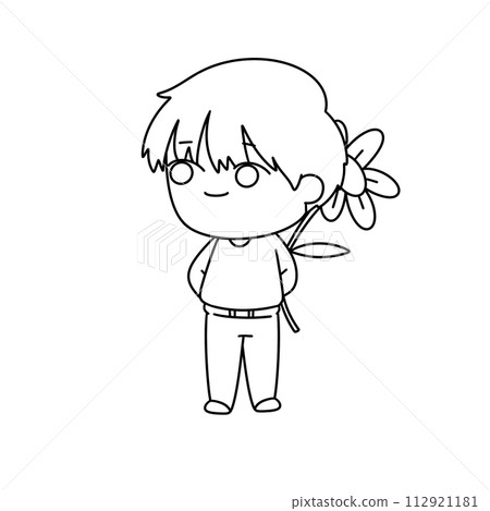 A young boy is holding a flower in his hand A young boy is holding a flower in his hand 112921181