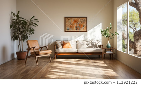 retro home interior design with wood floor and large windows 112921222