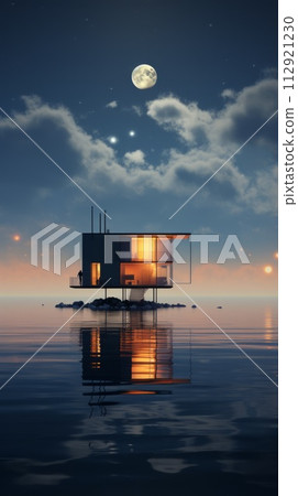 A modern house on the water at night 112921230
