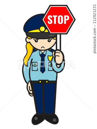Caucasian female police officer with stop sign Caucasian female police officer with stop sign 112921231
