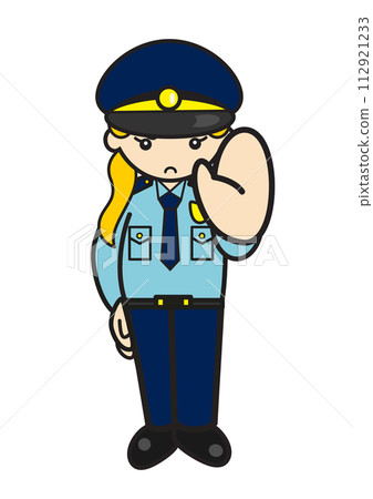 Caucasian female police officer doing a stop pose Caucasian female police officer doing a stop pose 112921233