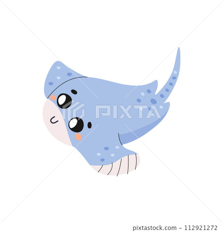 cute stingray fish, t shirt print, kids poster, on white background. Underwater world with seaweed. 112921272