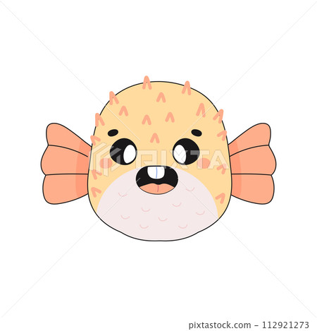 cute fugu fish, t shirt print, kids poster, on white background. Underwater world with algae. 112921273