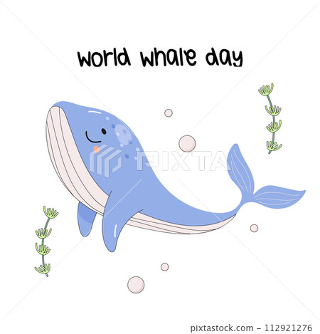 cute whale blue, world whale day, set on white background. Underwater world. cute whale blue, world whale day, set on white background. Underwater world. 112921276