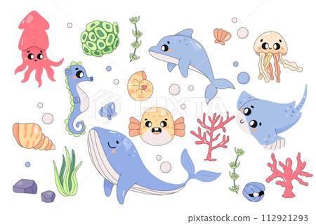 cute sea animals, set, on white background, fugu, whale, dolphin, cuttlefish, jellyfish. Underwater world. 112921293