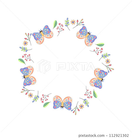 cute frame, with a butterfly and flowers infant, summer spring for congratulations, announcements. on a white background cute frame, with a butterfly and flowers infant, summer spring for congratulations, announcements. on a white background 112921302