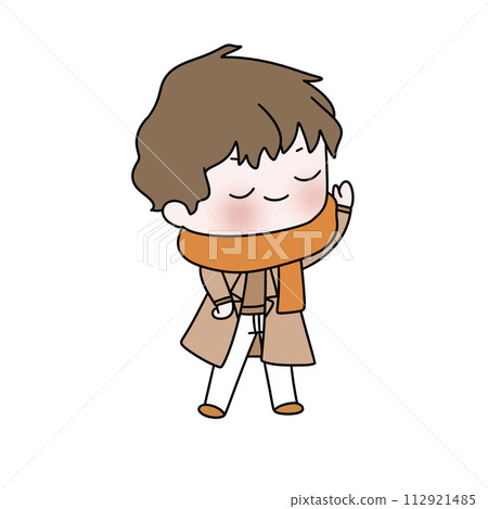 A cartoon boy is wearing a scarf and is waving A cartoon boy is wearing a scarf and is waving 112921485