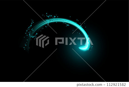 Blue glowing magic swirl game effect vector, luminous shiny lines of speed, movement light twirl trail wave sparkle flash 112921582