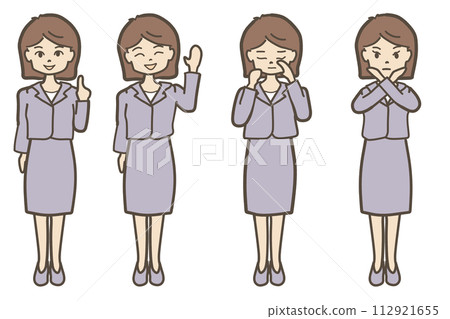 穿著西裝的年輕女性的面部表情設定指南和解釋 112921655