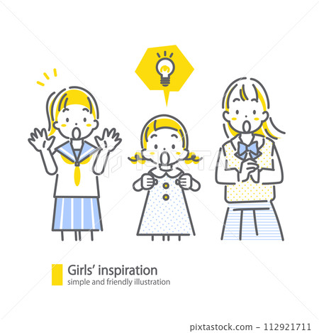 Girls who come up with ideas - simple and stylish line drawing illustrations 112921711