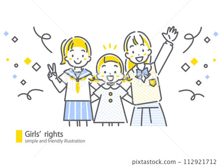 Girls with bright smiles - simple and stylish line drawing illustration 112921712