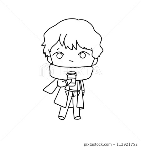 A cartoon boy is holding a cup of coffee and wearing a scarf 112921752
