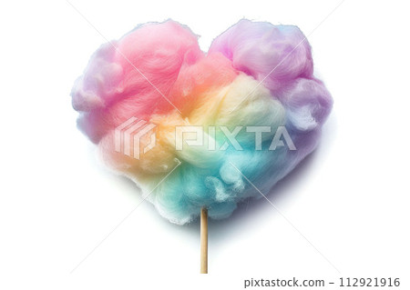 AI-generated item. Colorful cotton candy in heart shape on white background, isolated. 112921916