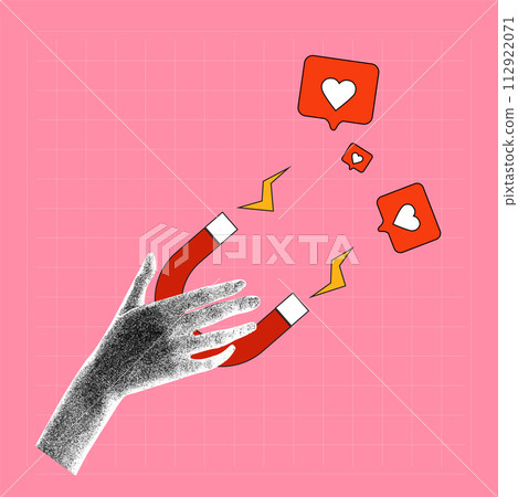 Contemporary art collage. Vector illustration. Hand holding magnet and magnetizing likes symbol against pink background. 112922071