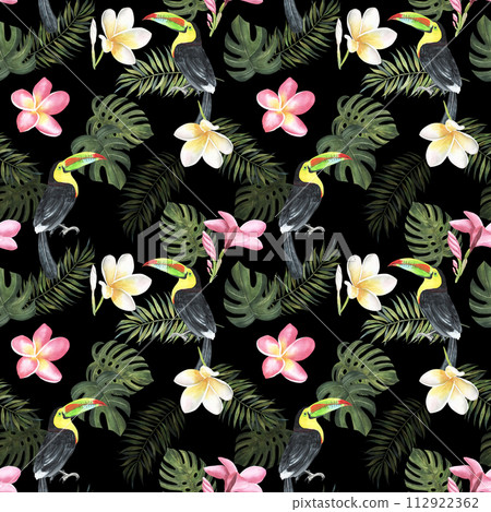 Beach seamless pattern wallpaper of tropical dark green leaves of palm trees and flowers . toucan bird of paradise plumeria on a light yellow background. textile, fabric, paper. Hand drawn watercolor 112922362