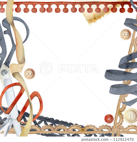 Hand drawn watercolor illustration sewing craft supplies. Fabric scissors snaps, wooden buttons ribbon lace, indigo beige. Frame isolated on white background. Design atelier, tailor, hobby shop 112922470