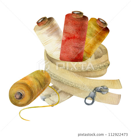 Hand drawn watercolor illustration sewing craft supplies. Wooden thread spools bobbins, clothes zipper. Composition isolated on white background. Design atelier, tailor, hobby shop, fashion boutique 112922473
