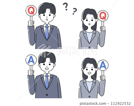 Men and women in suits holding quiz placards 112922532