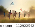AI-generated content. Happy active kids running playing flying kites on grass across field surrounded by trees backs to us AI-generated content. Happy active kids running playing flying kites on grass across field surrounded by trees backs to us 112922542