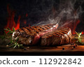 AI-generated content. Two grilled meat steaks with smoke with rosemary and pepper on cutting board on flame background AI-generated content. Two grilled meat steaks with smoke with rosemary and pepper on cutting board on flame background 112922842