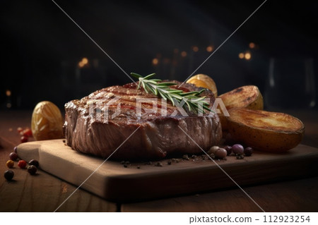 AI-generated content. Grilled beef filet mignon steak with roasted potato, rosemary and pepper on wooden cutting board 112923254
