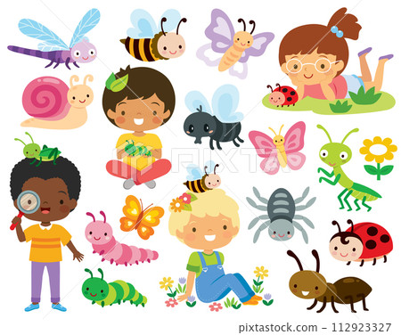 Bugs clipart set. Cute cartoon insects and curious kids exploring nature. 112923327