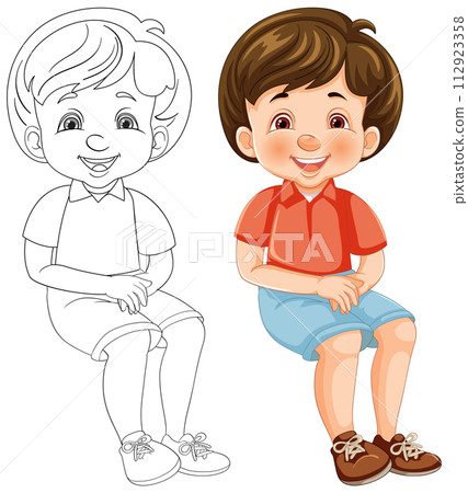 Happy Boy Sitting: Color and Line Art Happy Boy Sitting: Color and Line Art 112923358
