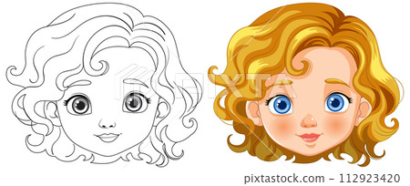 Curly Haired Girl Illustration Before and After Curly Haired Girl Illustration Before and After 112923420