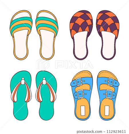 Male shoes collection for summer and home in cartoon style. Flat, sketch casual footwear for man. Vector illustration isolated on a white background. 112923611