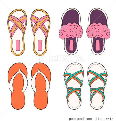 Female, women shoes collection for summer and home in cartoon style. Flat casual footwear. Vector illustration isolated on a white background. 112923612