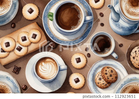 Watercolor composition with Turkish coffee pot, cookies, coffee beans and coffee cups on a white background. 112923651