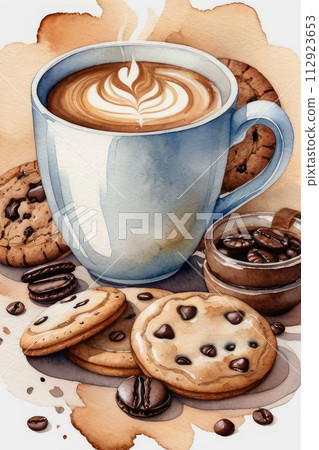 Composition with Turkish coffee pot, cookies, coffee beans and coffee cups on a white background watercolor style. Composition with Turkish coffee pot, cookies, coffee beans and coffee cups on a white background watercolor style. 112923653