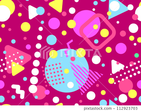 Geometric seamless pattern with memphis elements in 80s style. Colorful geometric pattern. Design of promotional products, wrapping paper and printing. Vector illustration 112923703
