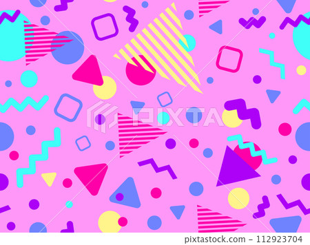 Geometric seamless pattern with memphis elements in 80s style. Colorful geometric pattern. Design of promotional products, wrapping paper and printing. Vector illustration 112923704