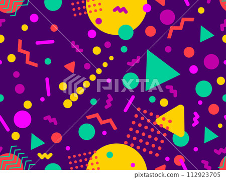 Geometric seamless pattern with memphis elements in 80s style. Colorful geometric pattern. Design of promotional products, wrapping paper and printing. Vector illustration 112923705